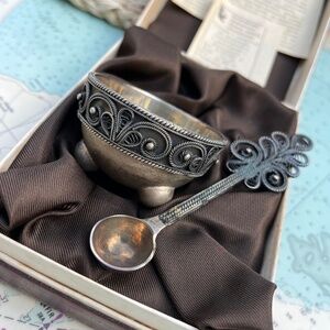 Vintage Soviet Era Salt Cellar with Spoon in Box